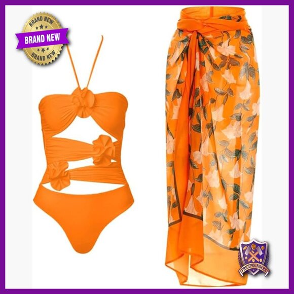 Medium Floral Halter Bikini Set with Mesh Cover Up Skirt Tummy Control